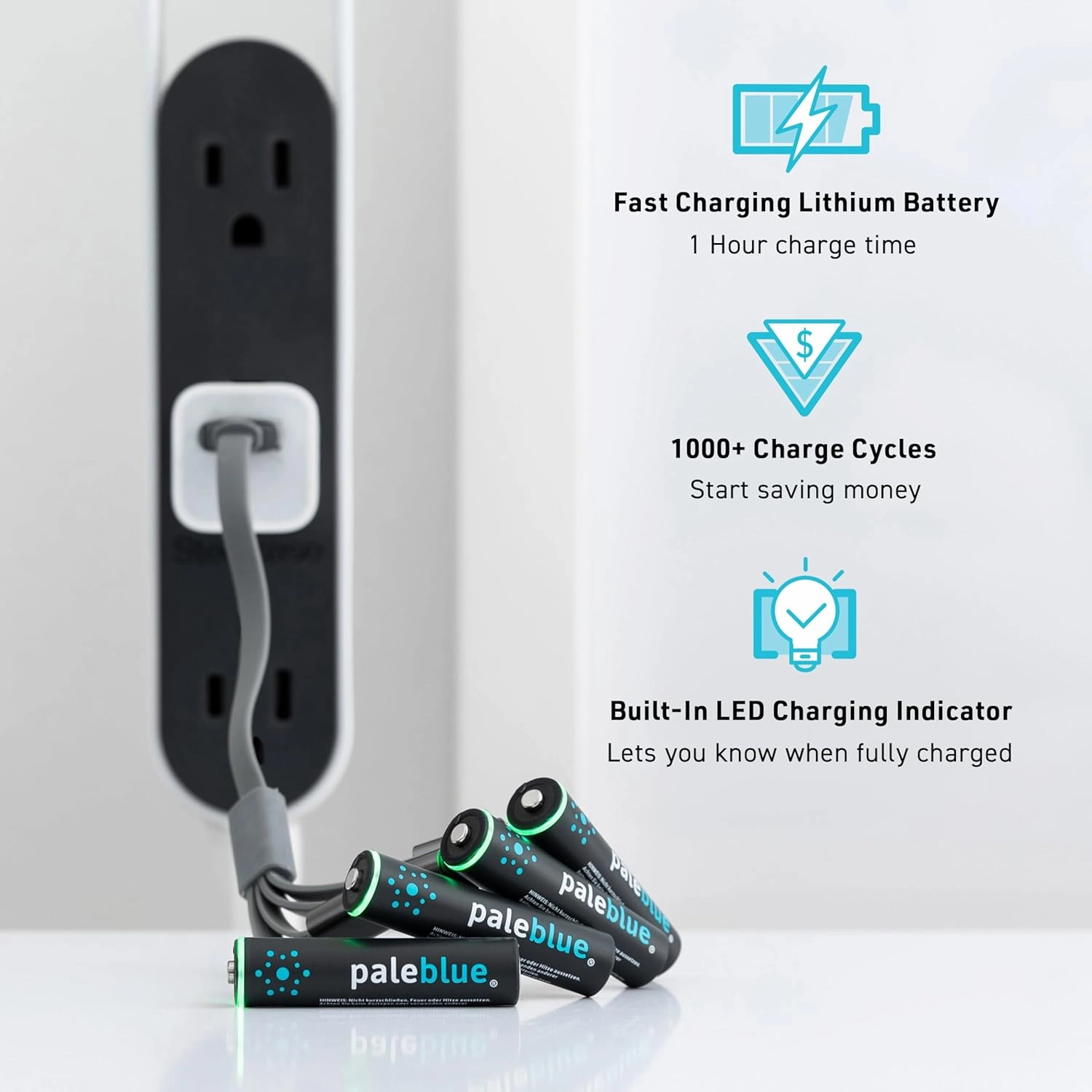 paleblue USB Rechargeable AAA Lithium Batteries, 1 Hour Charge Time, Recharge Over 1000 Times, 600 mAh, 4-in-1 USB-A to USB-C Charging Cable, 4 Pack