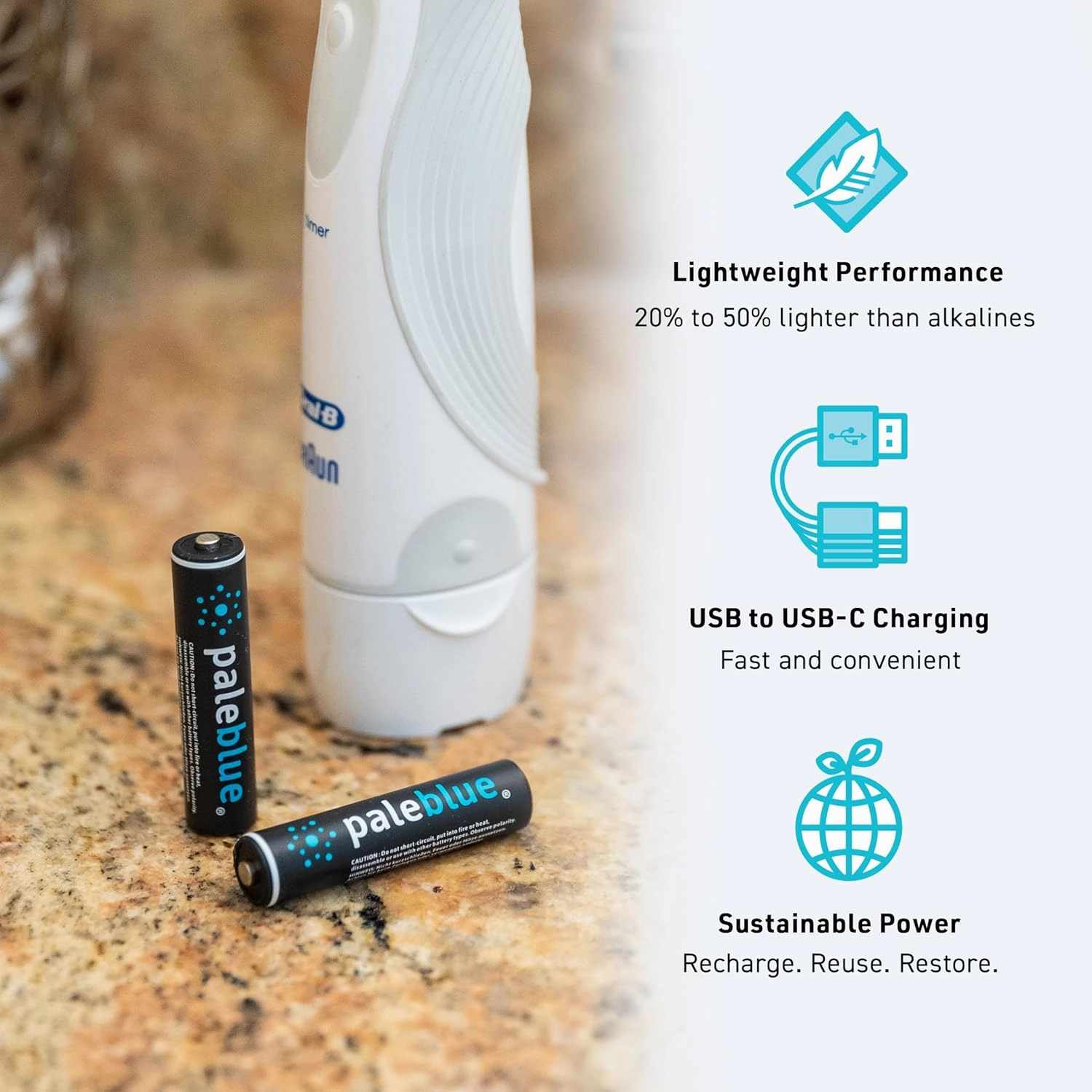 paleblue USB Rechargeable AAA Lithium Batteries, 1 Hour Charge Time, Recharge Over 1000 Times, 600 mAh, 4-in-1 USB-A to USB-C Charging Cable, 4 Pack