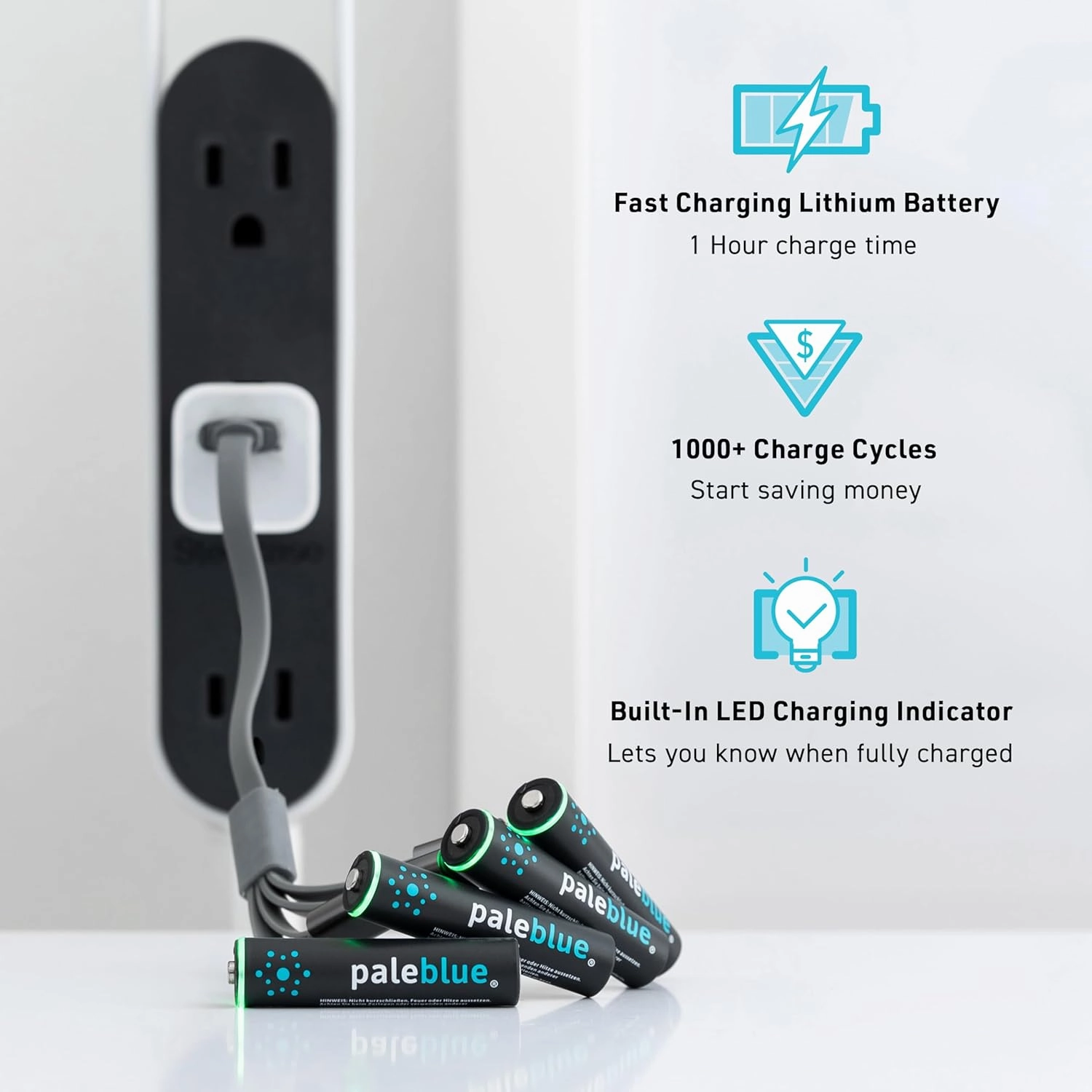 paleblue USB Rechargeable AAA Lithium Batteries, 1 Hour Charge Time, Recharge Over 1000 Times, 600 mAh, 4-in-1 USB-A to USB-C Charging Cable, 8 Pack
