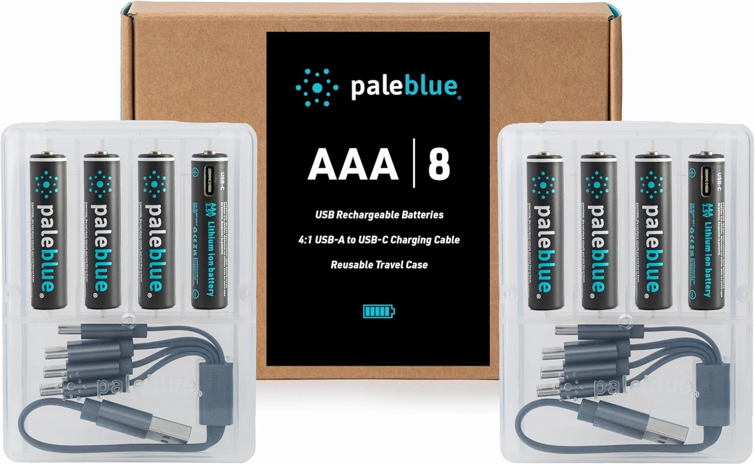 paleblue USB Rechargeable AAA Lithium Batteries, 1 Hour Charge Time, Recharge Over 1000 Times, 600 mAh, 4-in-1 USB-A to USB-C Charging Cable, 8 Pack
