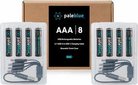paleblue USB Rechargeable AAA Lithium Batteries, 1 Hour Charge Time, Recharge Over 1000 Times, 600 mAh, 4-in-1 USB-A to USB-C Charging Cable, 8 Pack