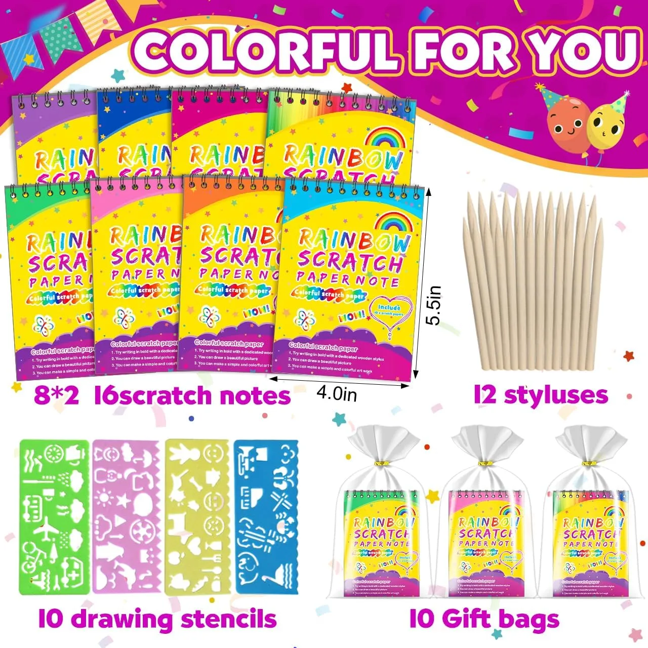 Party Favors for Kids 4-8-12: 16 Pack Scratch Rainbow Art Crafts Notebook, Coloring Book Goodie Bags Stuffers Kit, Bulk Birthday Gift Classroom Prizes Girl Boy Toddler