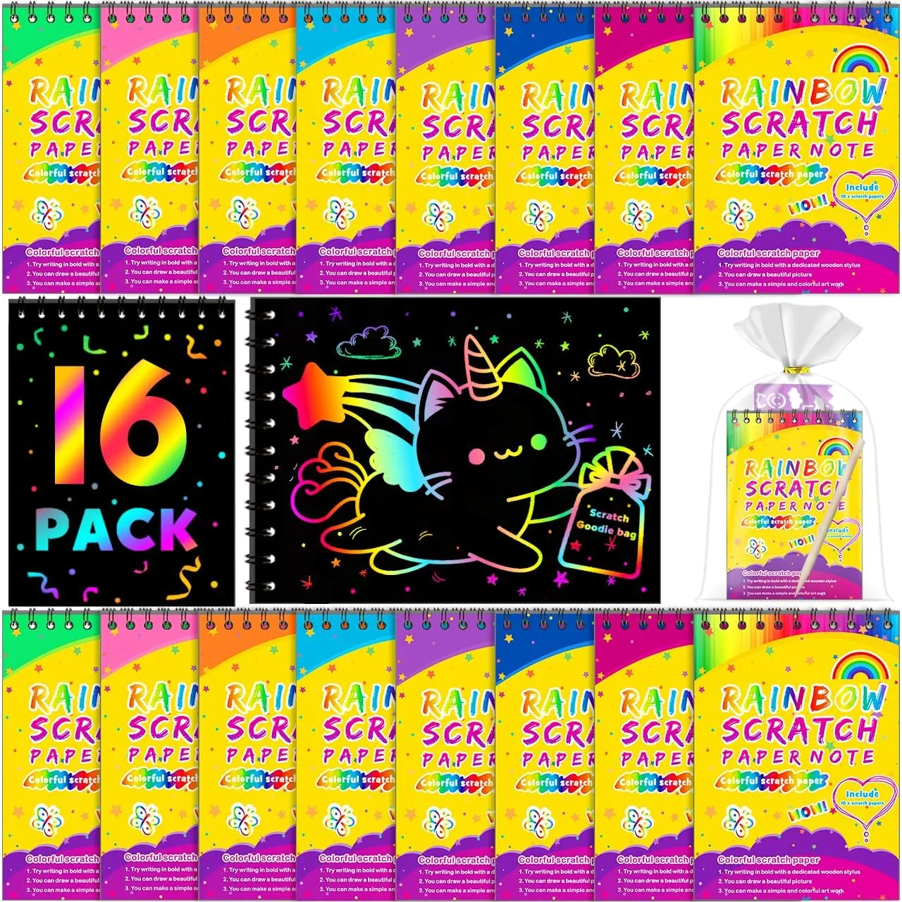 Party Favors for Kids 4-8-12: 16 Pack Scratch Rainbow Art Crafts Notebook, Coloring Book Goodie Bags Stuffers Kit, Bulk Birthday Gift Classroom Prizes Girl Boy Toddler