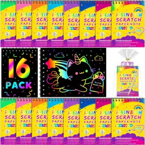 Party Favors for Kids 4-8-12: 16 Pack Scratch Rainbow Art Crafts Notebook, Coloring Book Goodie Bags Stuffers Kit, Bulk Birthday Gift Classroom Prizes Girl Boy Toddler