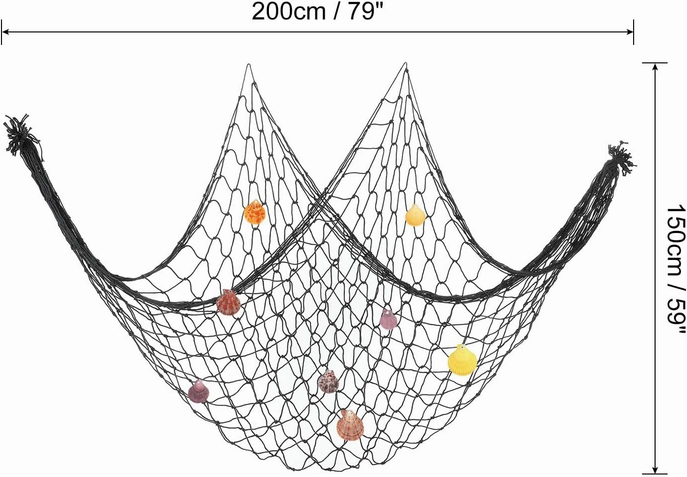 PATIKIL Fishing Net Decor, 80" x 60" Mediterranean Style Photographing Decoration Natural Fish Net Party Accessory with Sea Shells for Home Bedroom, Black