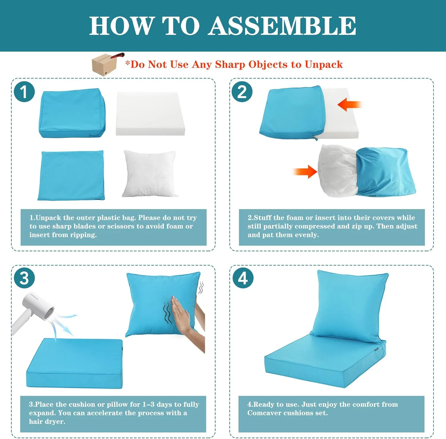 Patio Cushions for Outdoor Furniture, Fade and Weather Resistant Deep Seat and Backrest Cushion Set for Chair Sofa Couch Swing, 22x22 Inch, Teal, 1 Set