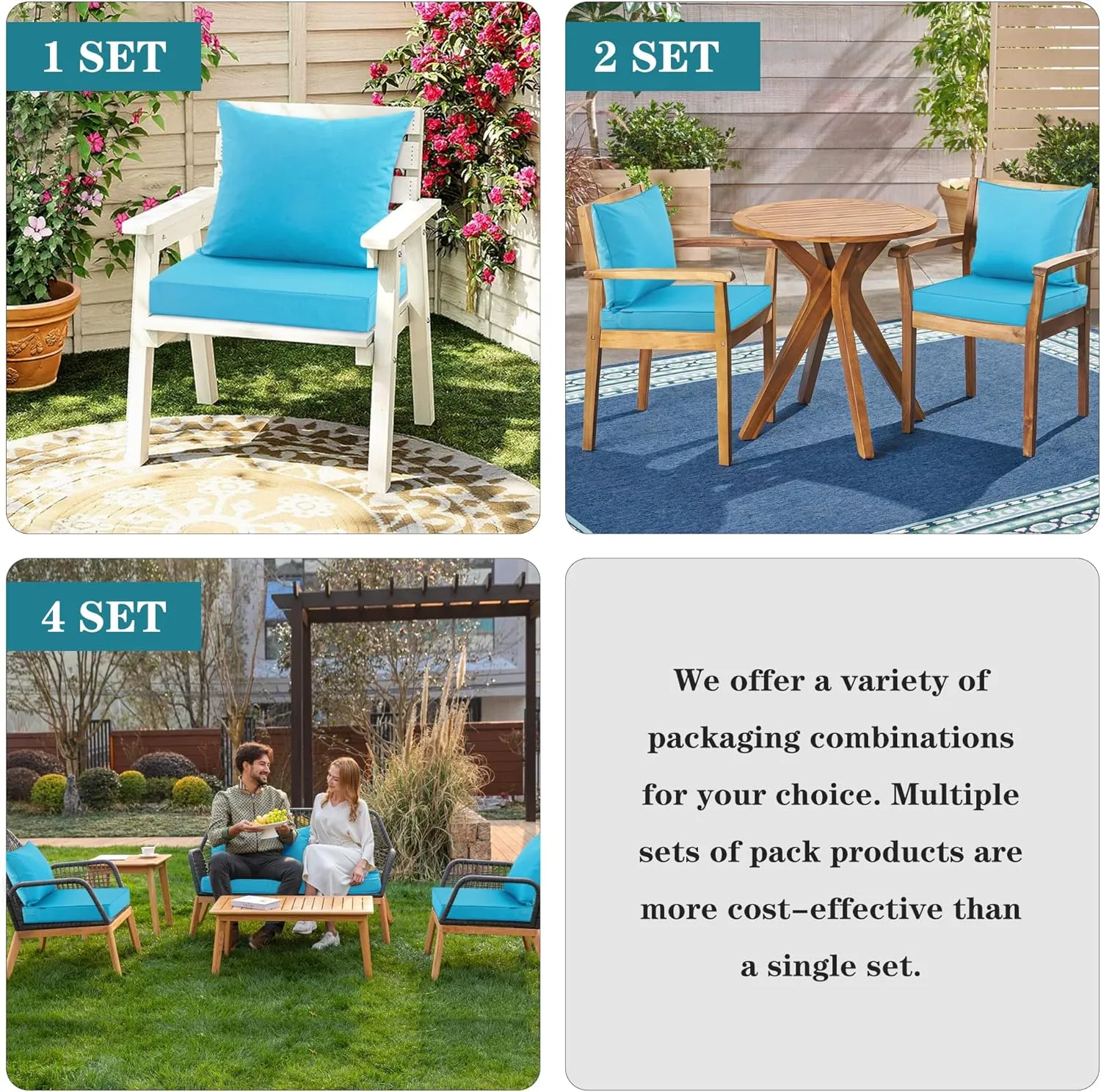 Patio Cushions for Outdoor Furniture, Fade and Weather Resistant Deep Seat and Backrest Cushion Set for Chair Sofa Couch Swing, 24x24 Inch, Teal, Set of 4
