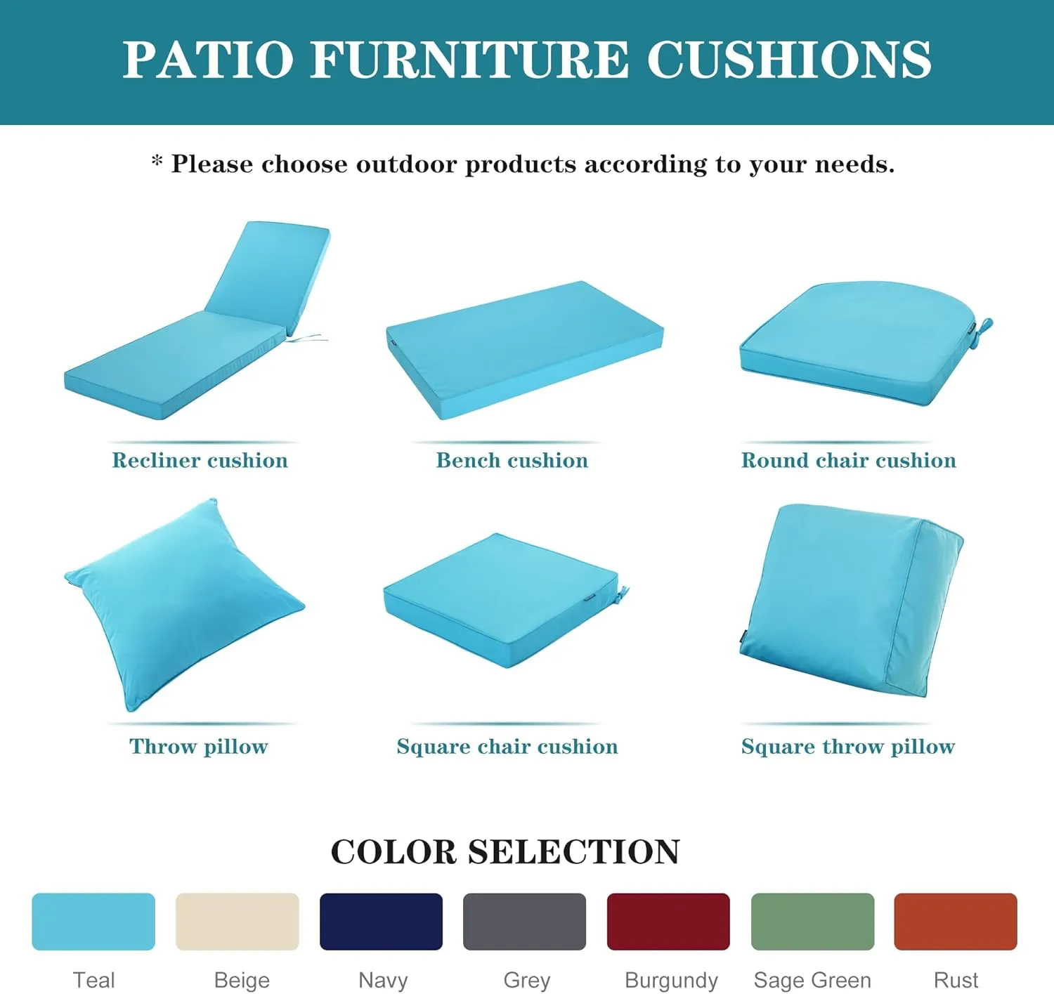 Patio Cushions for Outdoor Furniture, Fade and Weather Resistant Deep Seat and Backrest Cushion Set for Chair Sofa Couch Swing, 24x24 Inch, Teal, Set of 4