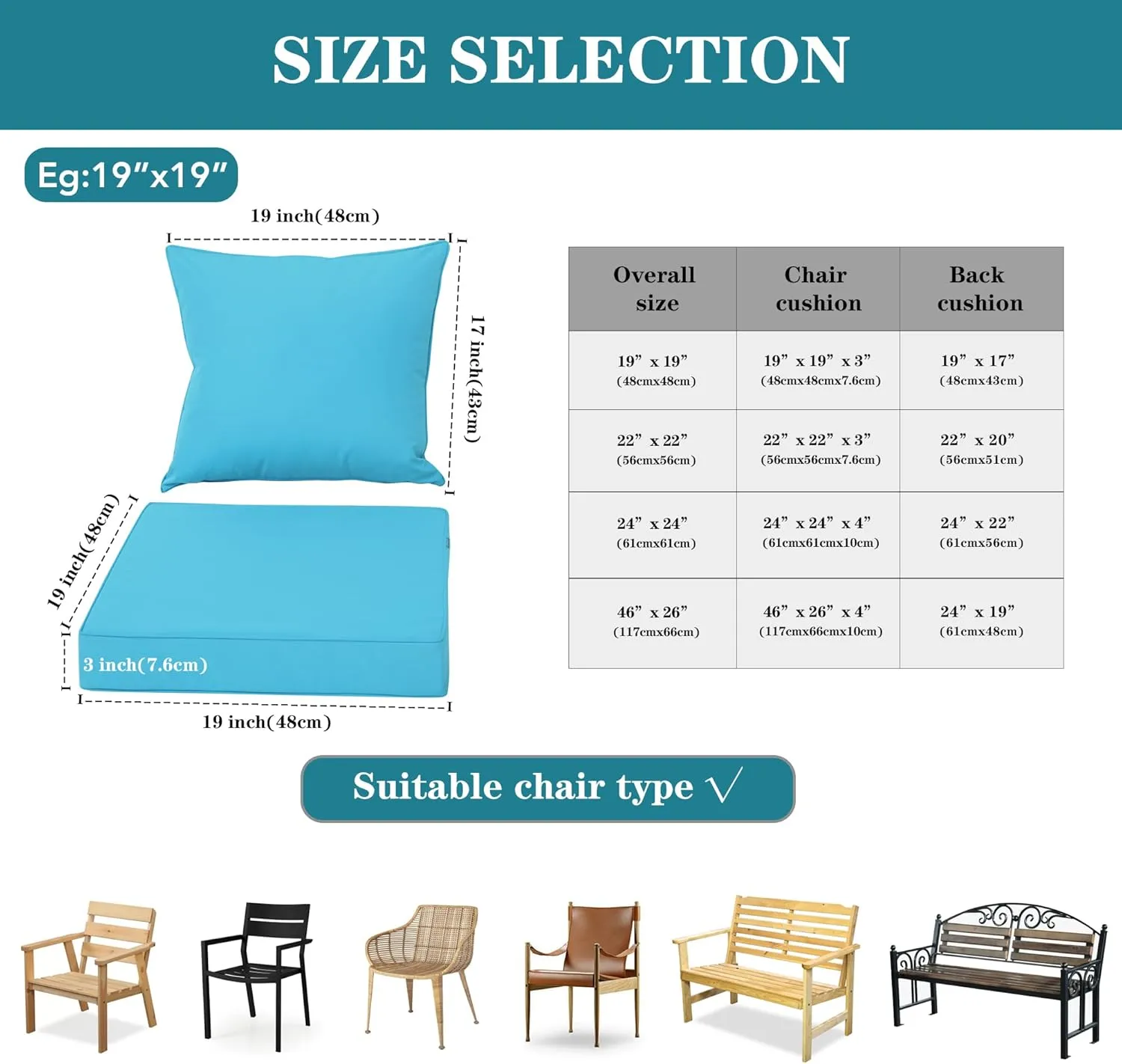 Patio Cushions for Outdoor Furniture, Fade and Weather Resistant Deep Seat and Backrest Cushion Set for Chair Sofa Couch Swing, 24x24 Inch, Teal, Set of 4