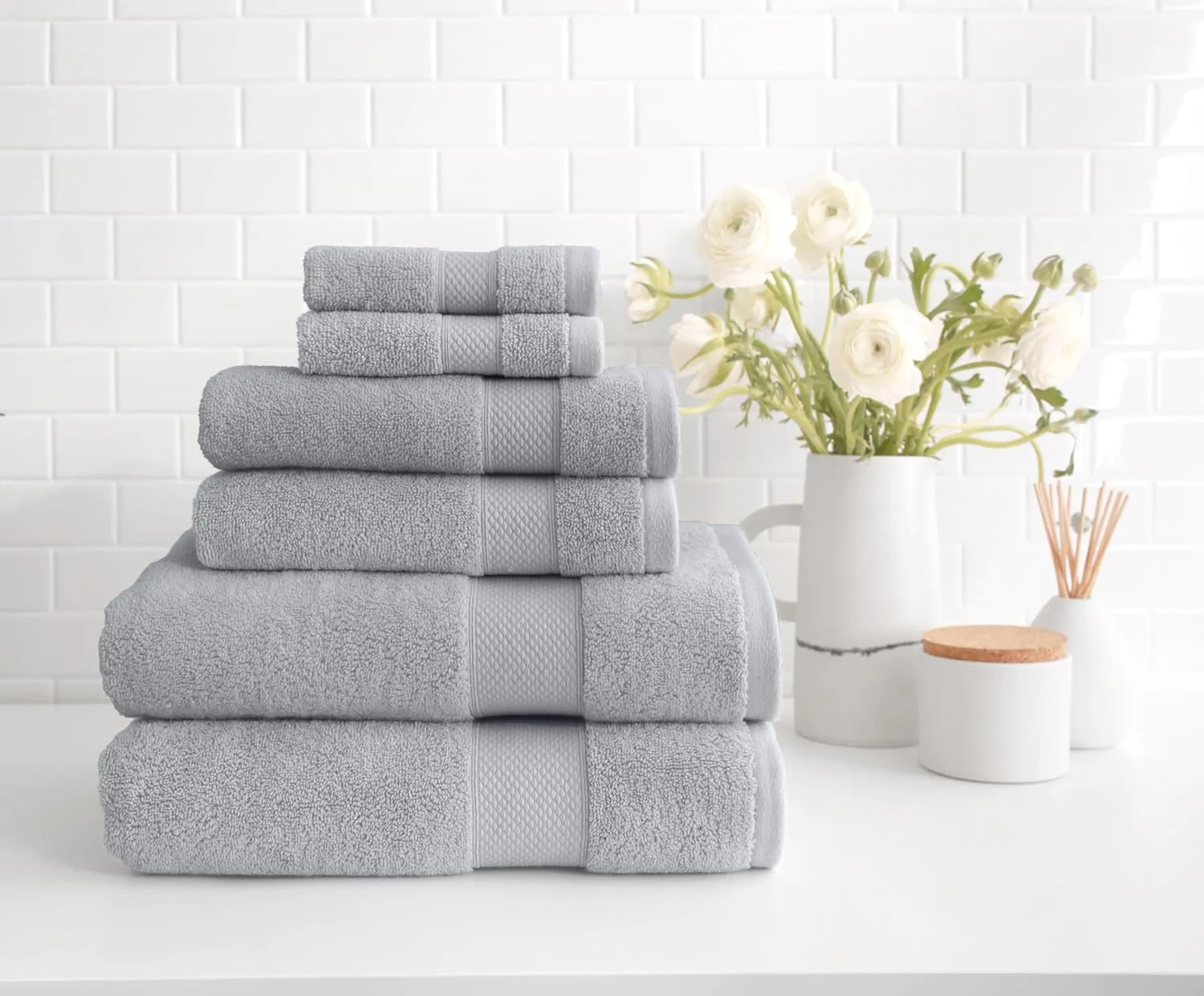 Peacock Alley Diamond 6 Piece Towel Set - Luxurious 100% Long-Staple Turkish Cotton - Soft, Absorbent & Fast Drying, Pewter