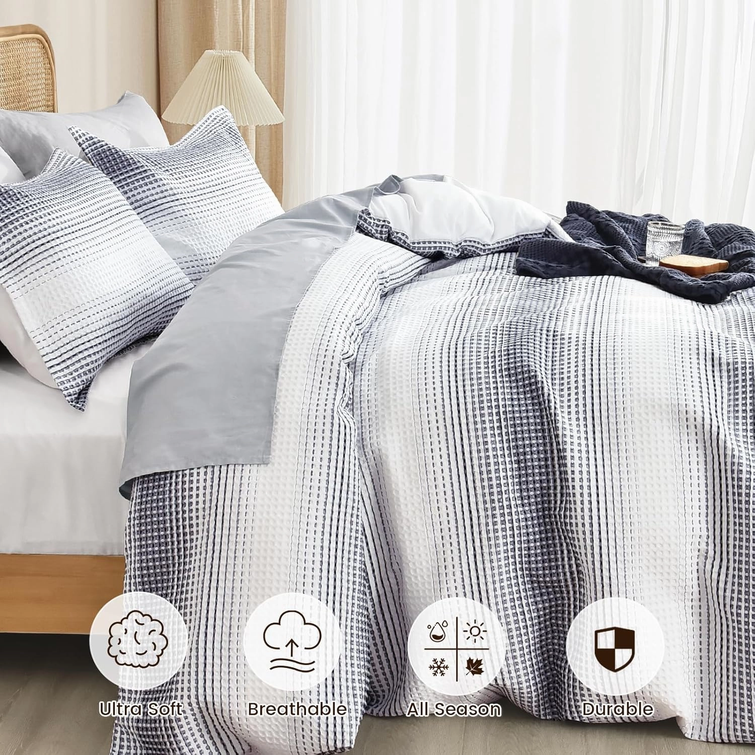 PHF Waffle Weave Duvet Cover Set Queen Size, No Snagging Ultra Soft Luxury Textured Breathable Comforter Cover for All Season 3pcs, Striped Bed Duvet Set with 2 Pillow Shams, 90"x90", White and Navy