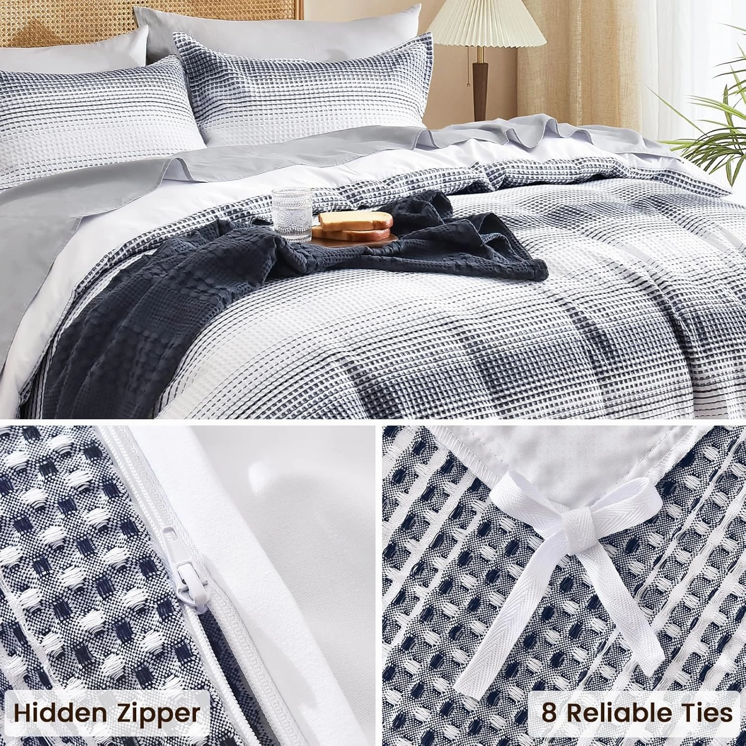 PHF Waffle Weave Duvet Cover Set Queen Size, No Snagging Ultra Soft Luxury Textured Breathable Comforter Cover for All Season 3pcs, Striped Bed Duvet Set with 2 Pillow Shams, 90"x90", White and Navy