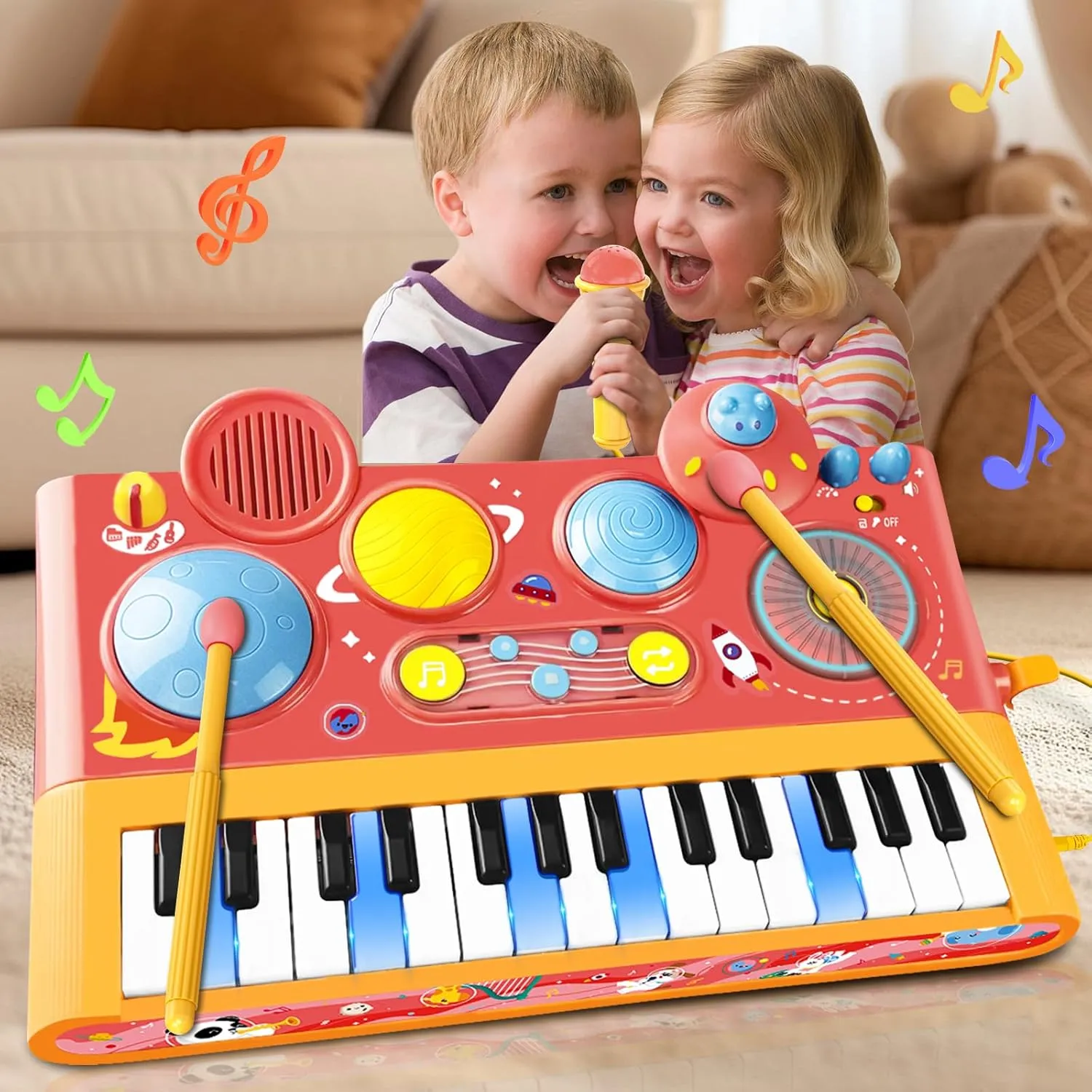 Piano Keyboard Toys for Girls Boys, 5 in 1 Musical Toddler Toys with Microphone DJ Music Table Drum Set for Toddlers, Kids Piano Christmas Birthday Gift for Ages 2-5 Girls (Pink Electric )