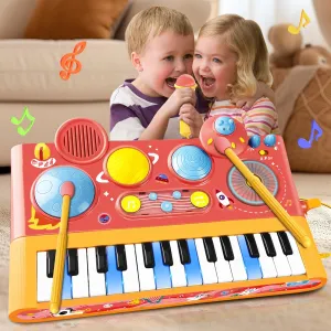 Piano Keyboard Toys for Girls Boys, 5 in 1 Musical Toddler Toys with Microphone DJ Music Table Drum Set for Toddlers, Kids Piano Christmas Birthday Gift for Ages 2-5 Girls (Pink Electric )