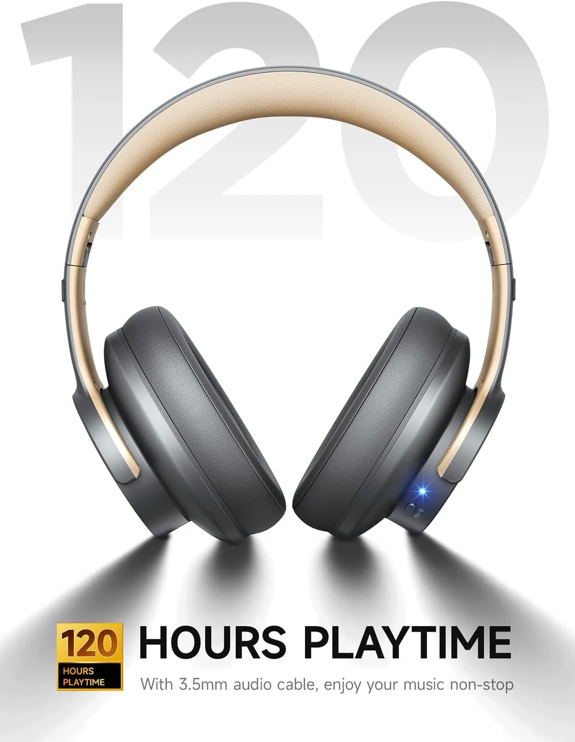 Picun B8 Bluetooth Headphones, 120H Playtime Headphones Wireless Bluetooth with 3 EQ Modes, Low Latency, Hands-Free Calls, Over Ear Headphones for Travel Home Office Cellphone PC (Ashen Golden)