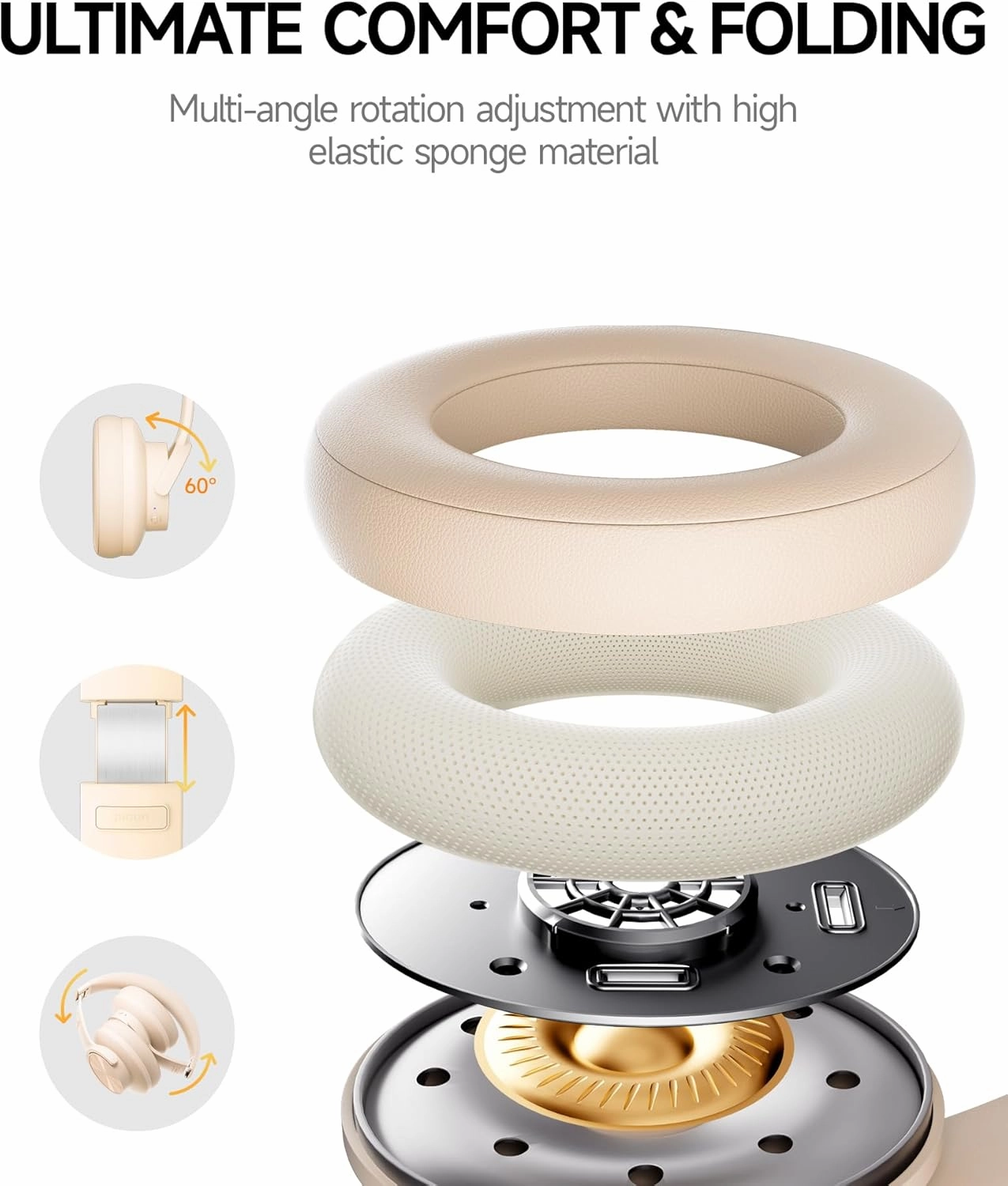 Picun B8 Bluetooth Headphones, 120H Playtime Headphones Wireless Bluetooth with 3 EQ Modes, Low Latency, Hands-Free Calls, Over Ear Headphones for Travel Home Office Cellphone PC Khaki White