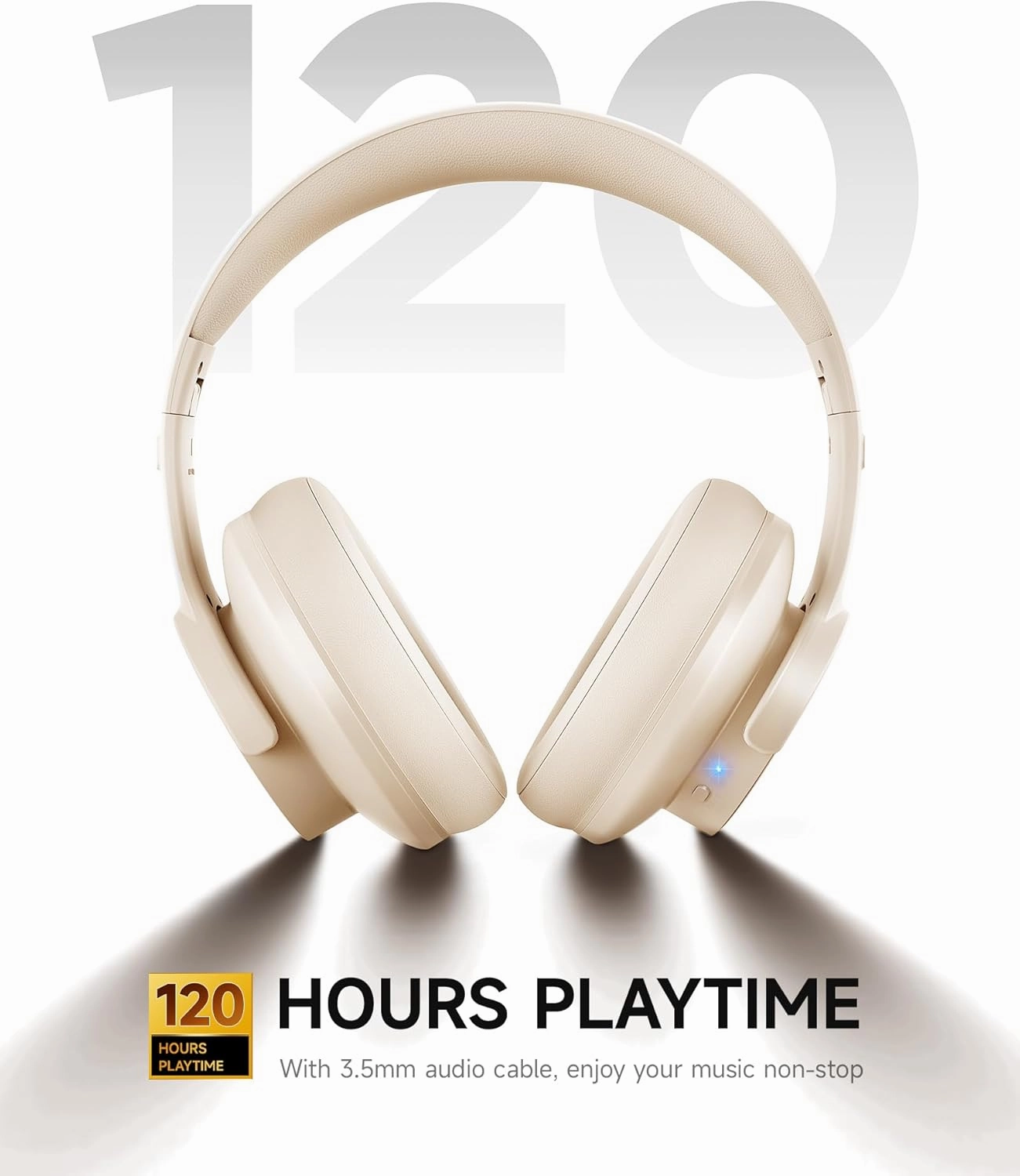 Picun B8 Bluetooth Headphones, 120H Playtime Headphones Wireless Bluetooth with 3 EQ Modes, Low Latency, Hands-Free Calls, Over Ear Headphones for Travel Home Office Cellphone PC Khaki White