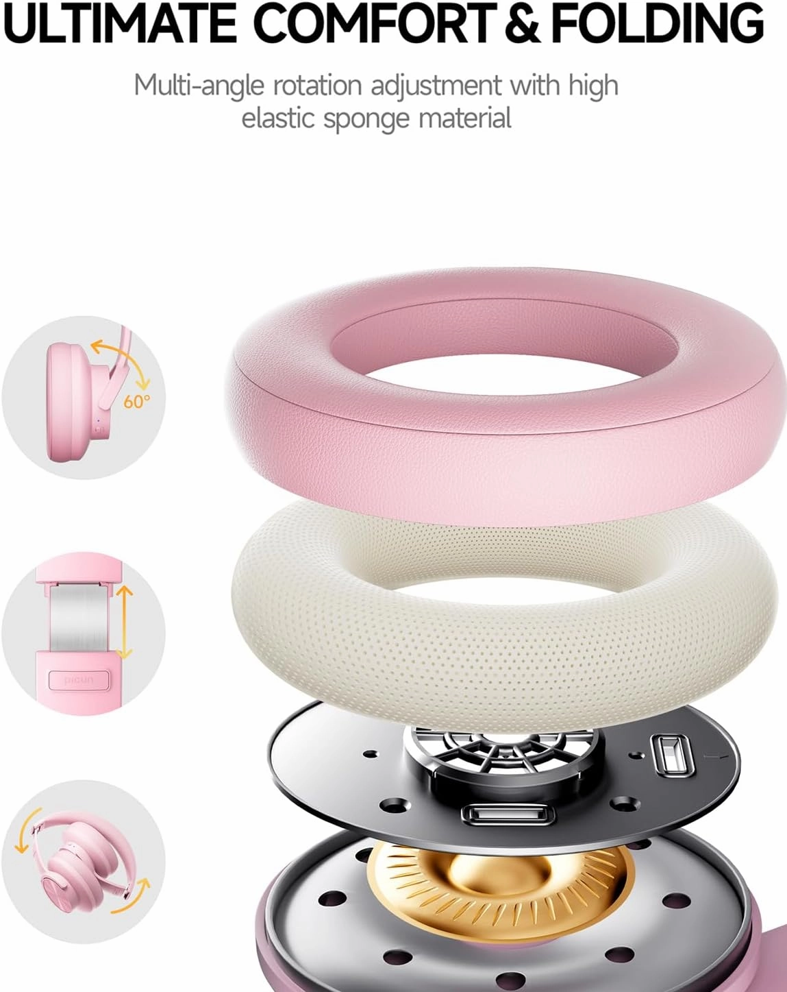 Picun B8 Headphones Wireless Bluetooth, 120H Bluetooth Headphone Over Ear with 3EQ Music Modes, Hands-Free Calls, Deep Bass Headphones for Travel Home Office Cellphone PC (Pink)