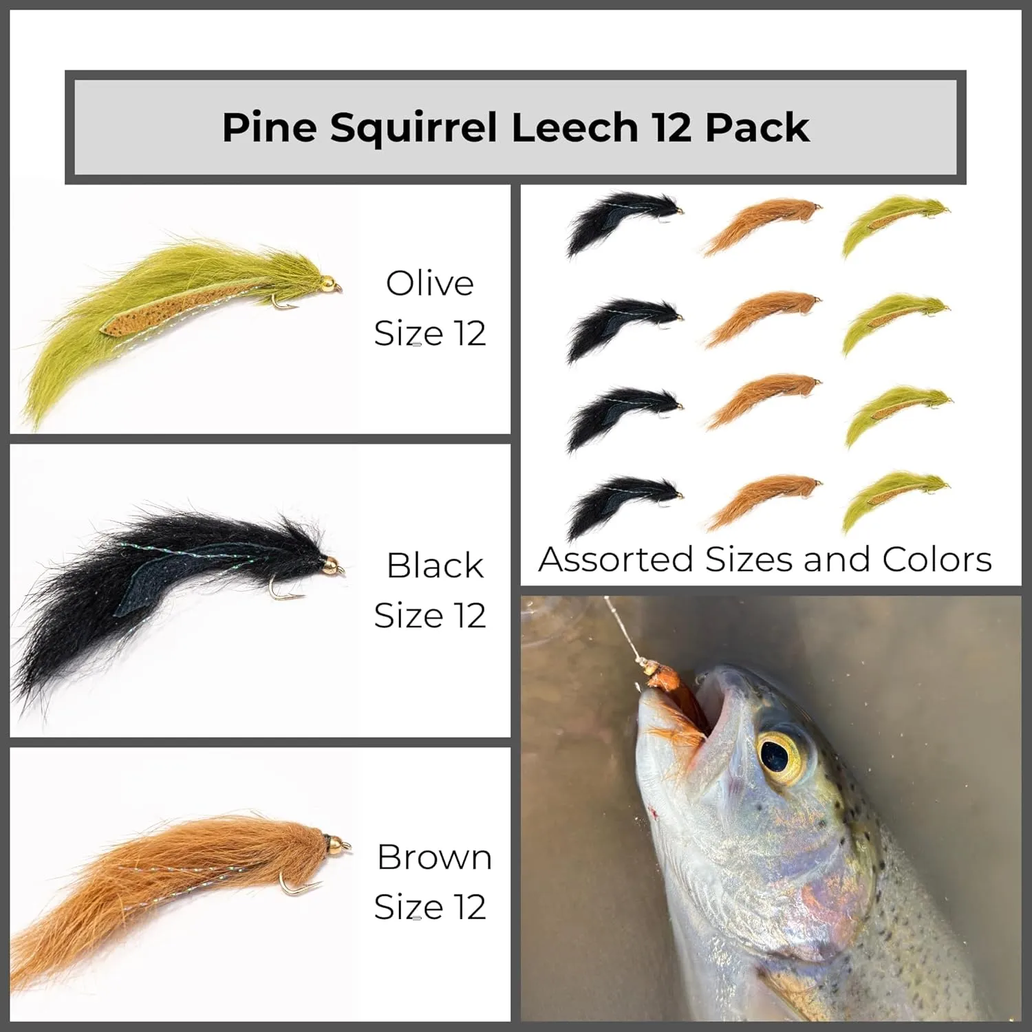 Pine Squirrel Leech Trout Flies for Fly Fishing 12 Pack - Brown, Black, Olive, Hook Size 12, Wet Fly Fishing Accessories, Wet Fies, Streamer Fly Box, Fishing Flies for Bass