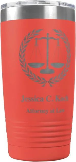 PlaqueMaker Personalized Coffee Tumbler with Scales of Justice - Great for Lawyers, Attorneys, Judges, Law Clerks, Legal Students, Paralegals and Legal Secretaries (Coral)
