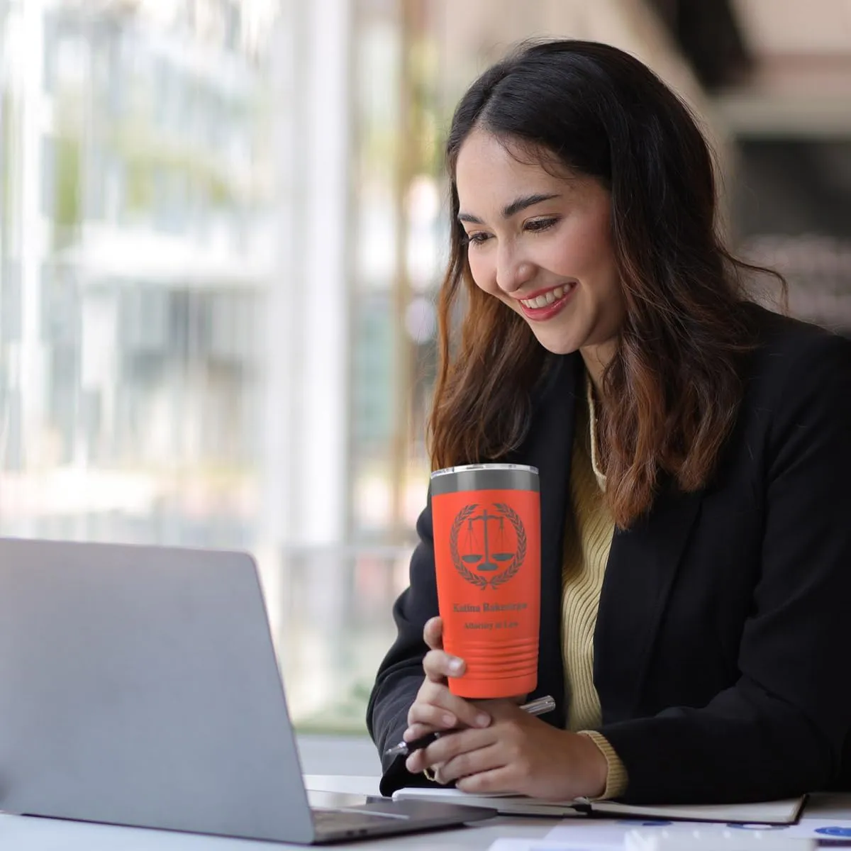 PlaqueMaker Personalized Coffee Tumbler with Scales of Justice - Great for Lawyers, Attorneys, Judges, Law Clerks, Legal Students, Paralegals and Legal Secretaries (Coral)
