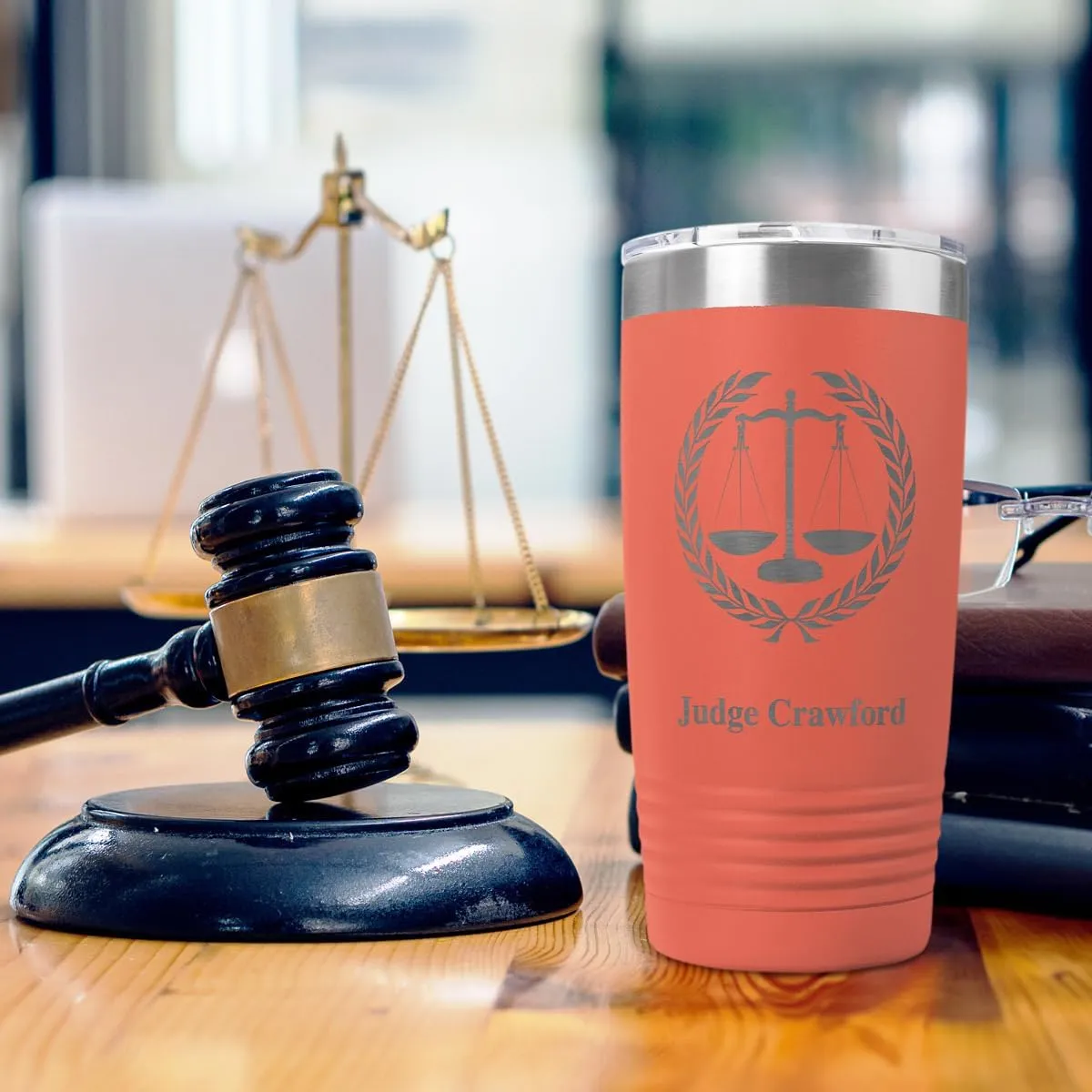 PlaqueMaker Personalized Coffee Tumbler with Scales of Justice - Great for Lawyers, Attorneys, Judges, Law Clerks, Legal Students, Paralegals and Legal Secretaries (Coral)
