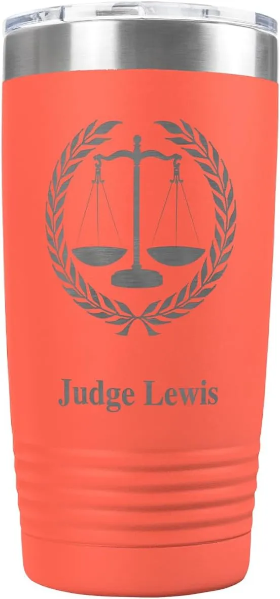 PlaqueMaker Personalized Coffee Tumbler with Scales of Justice - Great for Lawyers, Attorneys, Judges, Law Clerks, Legal Students, Paralegals and Legal Secretaries (Coral)