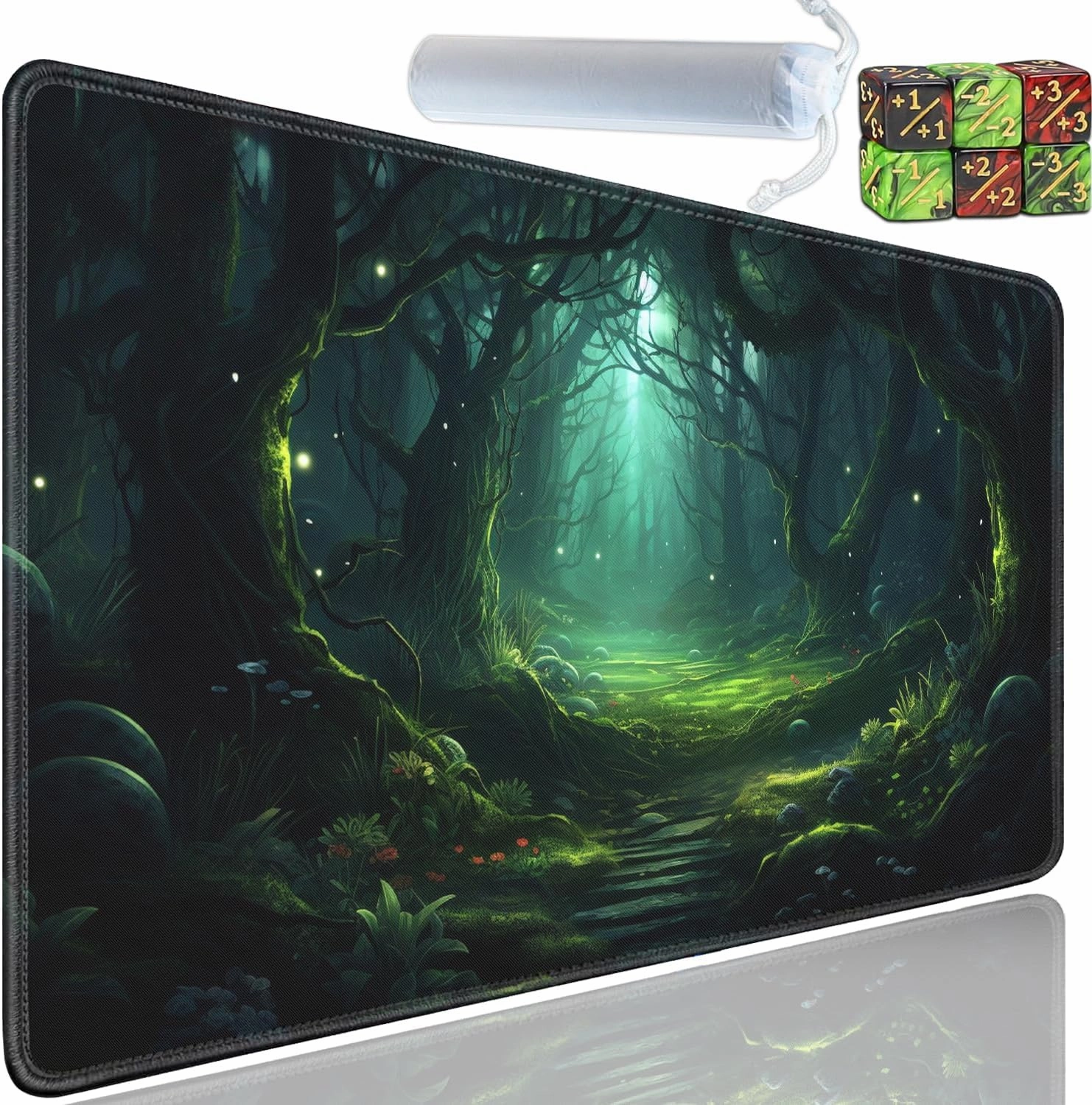 Playmat for MTG, 24x14 Inches Playmats, for TCG and CCG Trading Card Game Mat, Non-Slip Rubber for MTG Playmats with A Storage Bag and 6 Dice Set, Green Bush Pattern