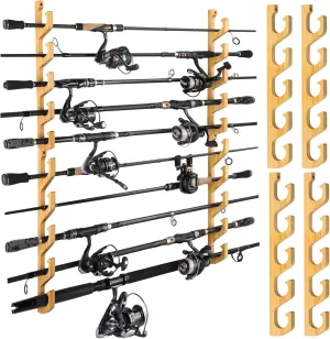 PLUSINNO WH5 Horizontal Fishing Rod/Pole Holders for Garage, Wall or Ceiling Mounted Rack, Solid Wood Fishing Rod Holder Holds up to 5/10/20 Rods or Combos Fishing Gear, Gifts for Men