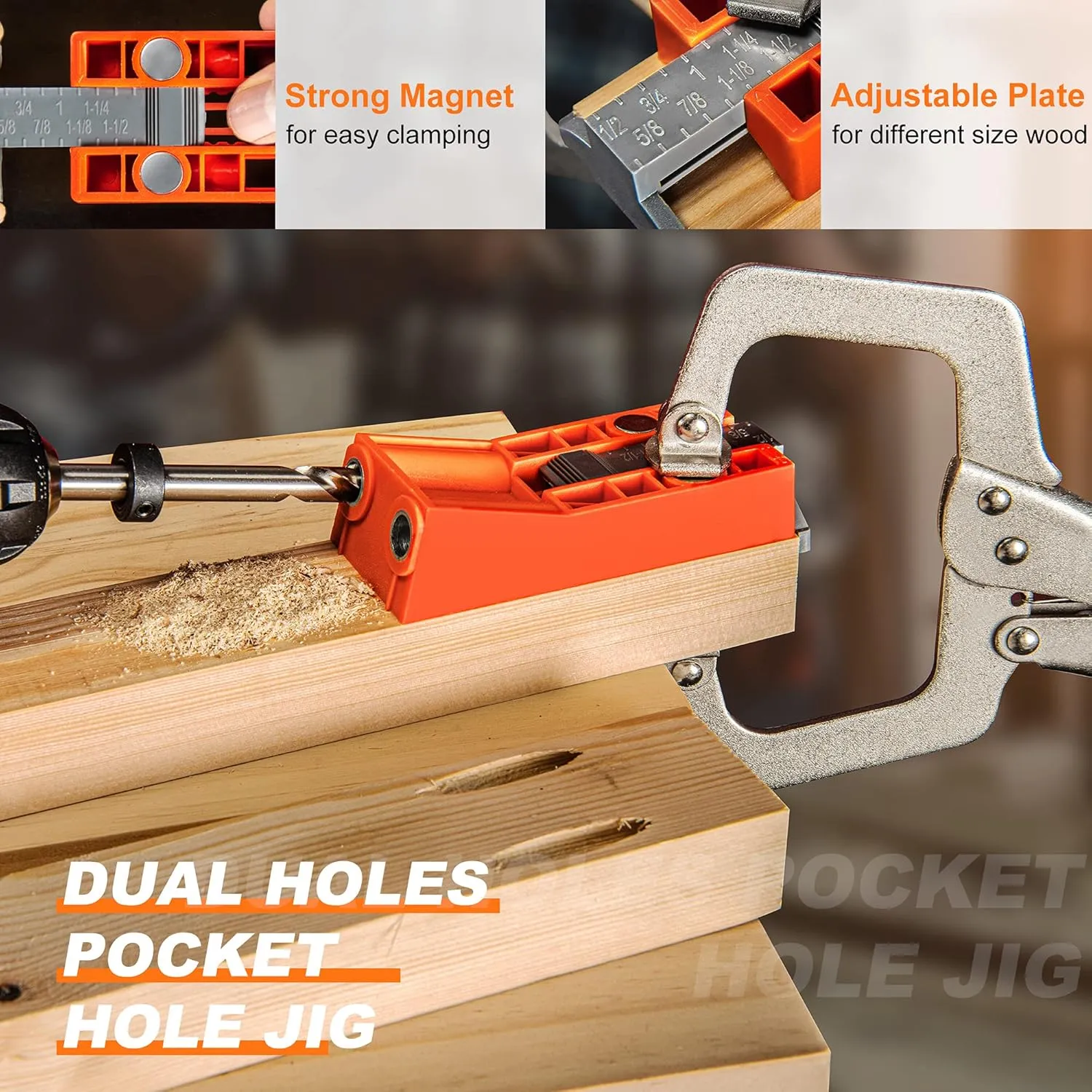 Pocket Hole Jig System Kit, Pocket Screw Jig with 11 Inch Clamp, Square Driver Bit, Hex Wrench, Depth Stop Collar, Step Drill Bit, Coarse Square Driver Screws, All In One for Joinery Work