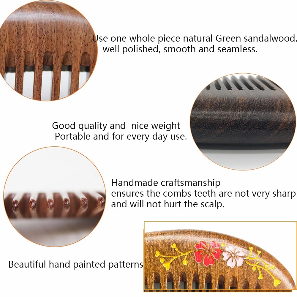Pocket Size Wood Comb，No Static No Snag Hair Comb – Wide Tooth Sandalwood Comb for Women with Flower drawing 2pcs with free pouch…