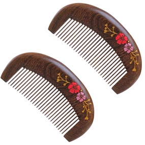 Pocket Size Wood Comb，No Static No Snag Hair Comb – Wide Tooth Sandalwood Comb for Women with Flower drawing 2pcs with free pouch…