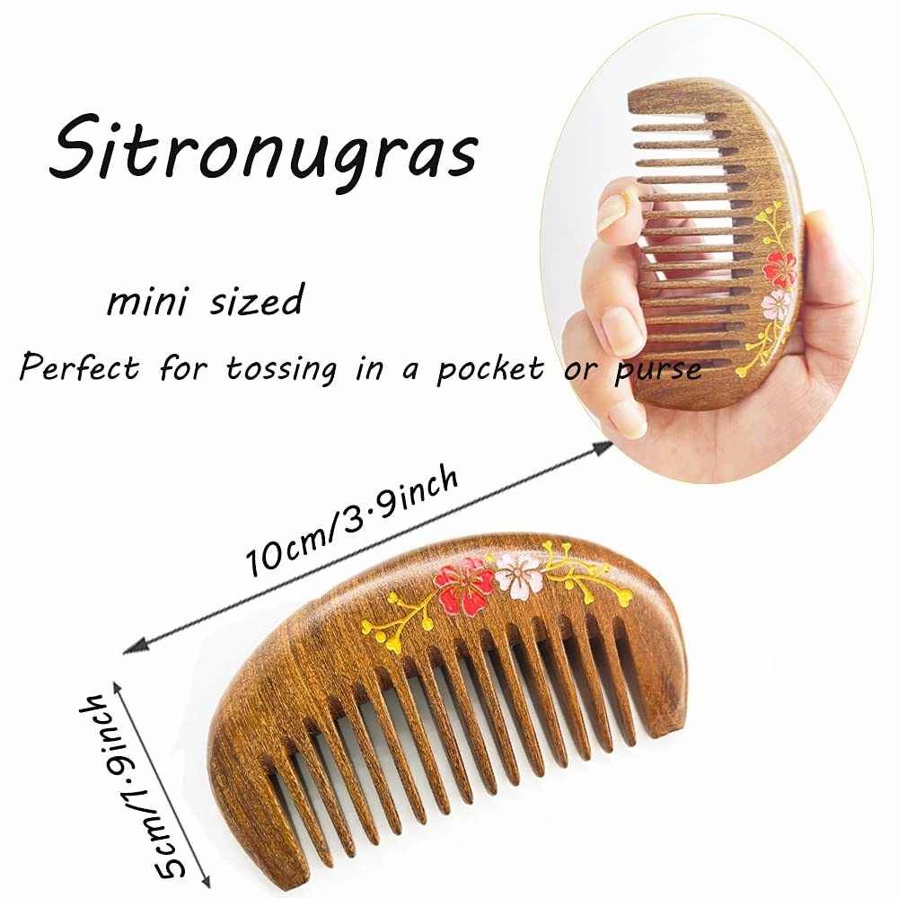 Pocket Size Wood Comb，No Static No Snag Hair Comb – Wide Tooth Sandalwood Comb for Women with Flower drawing 2pcs with free pouch…