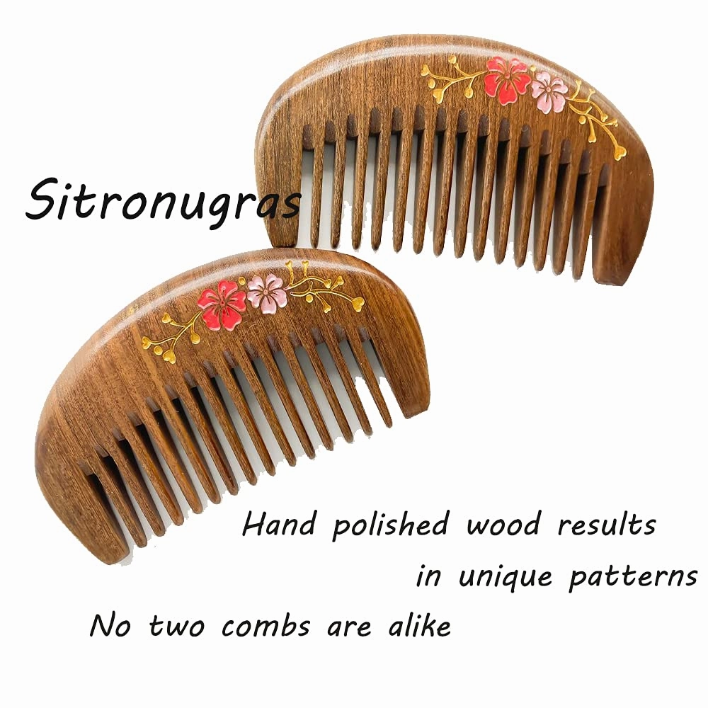 Pocket Size Wood Comb，No Static No Snag Hair Comb – Wide Tooth Sandalwood Comb for Women with Flower drawing 2pcs with free pouch…