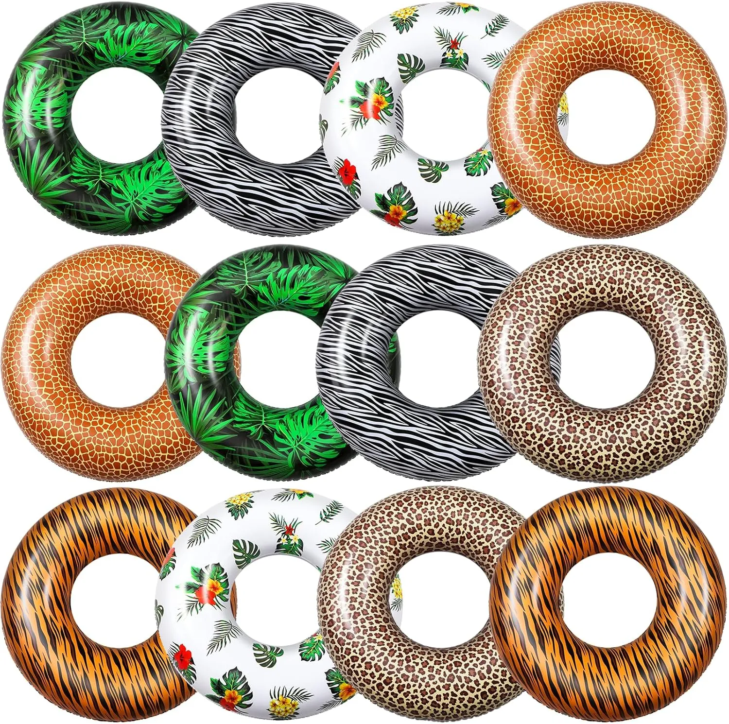 Poen 12 Pcs Large Inflatable Pool Float Tubes for Adults 32 Inches Tropical Leaves and Animal Patterns Swimming Rings Tube Floaties for Hawaii Beach Vacation Summer Holiday Party Supplies