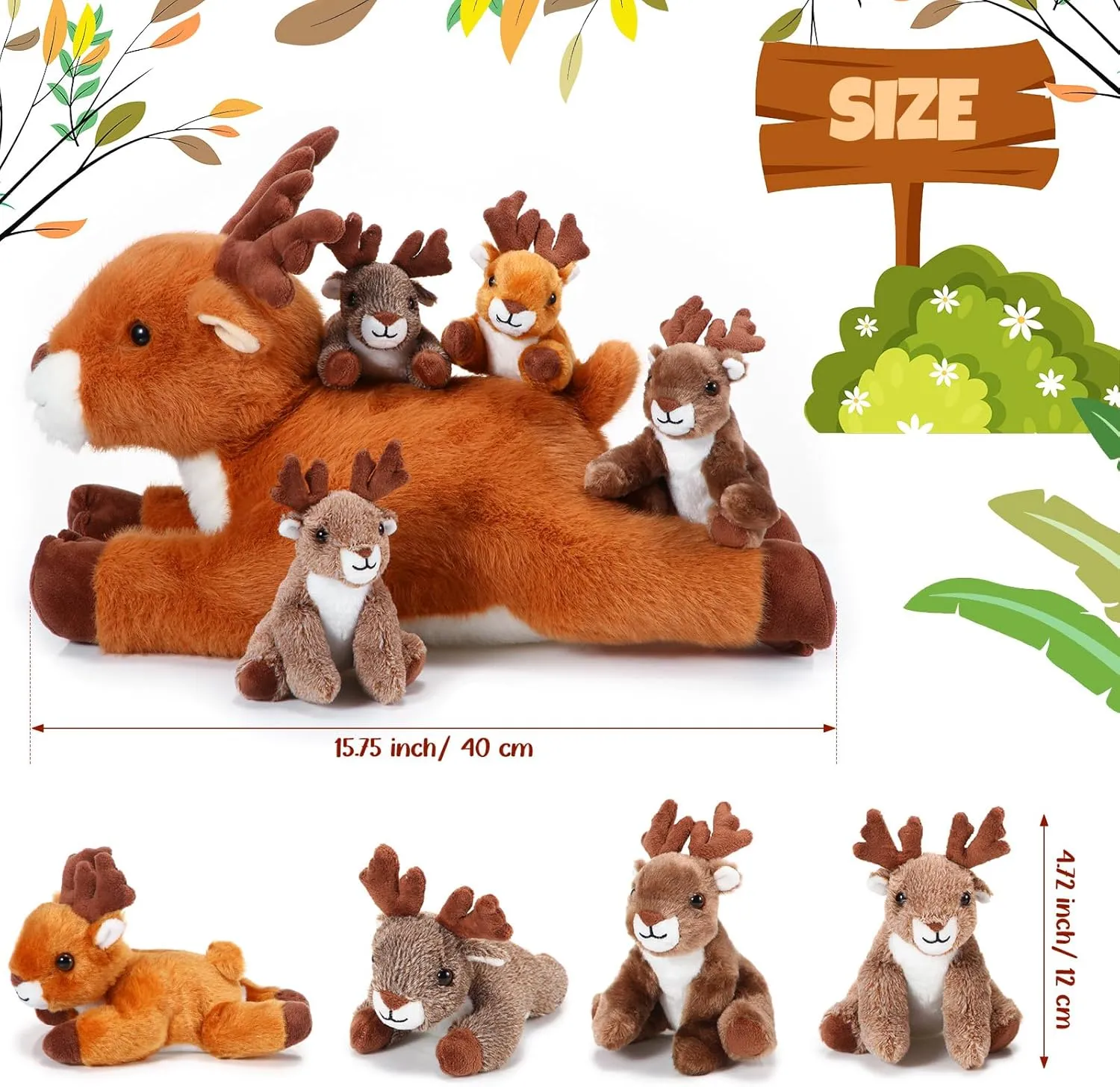 Poen Plush Deer Stuffed Animal Set 16 Inch Cuddly Mommy Deer Plush with 4 Cute Little Plushes in Her Zippered Tummy for Kids Birthday Baby Shower Decor Gift Woodland Party Favors(Lying)