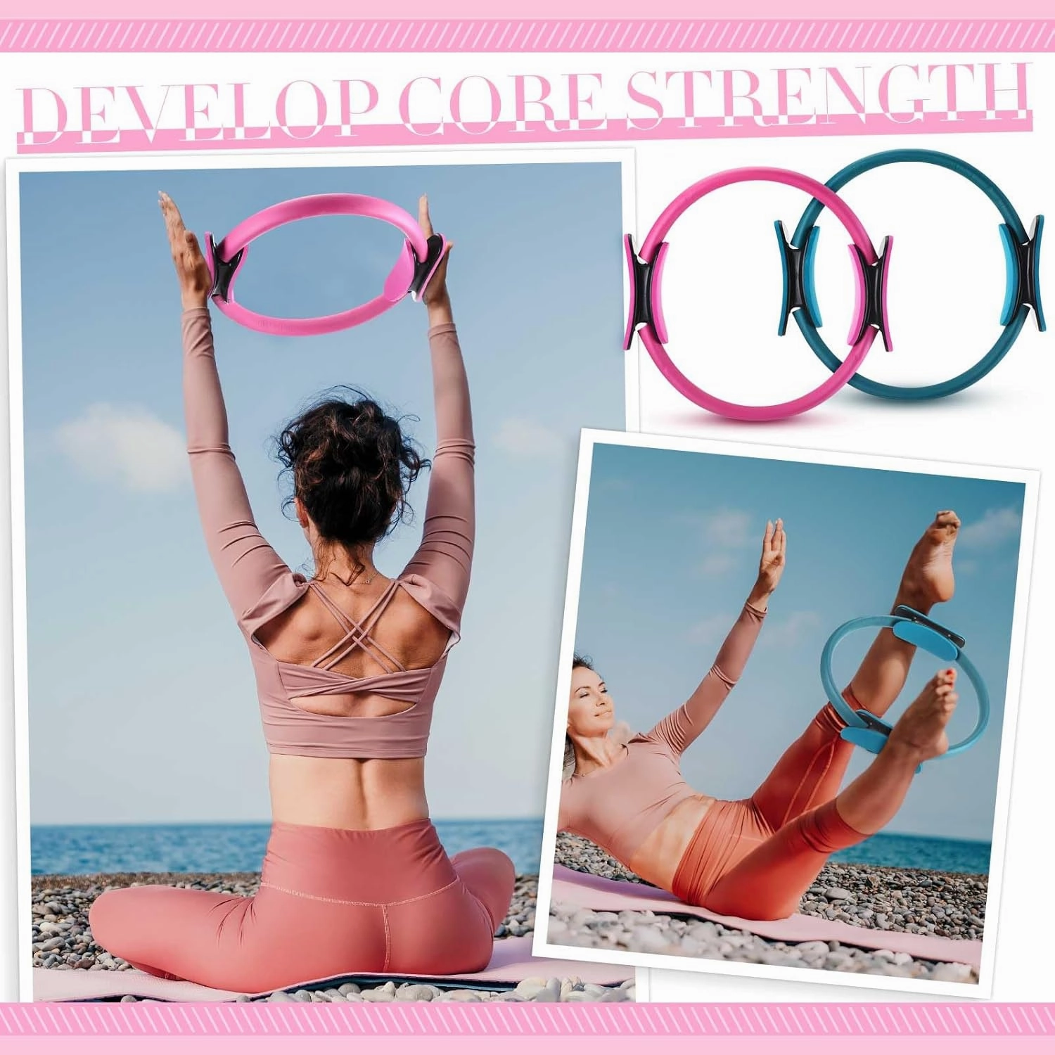 Poen Pilates Ring and Ball Set for Women Pilates Ring Circle Ball with Stretching Strap 8 Resistance Bands Non Slip Socks Gym Back Bags Exercise Equipment for Workout