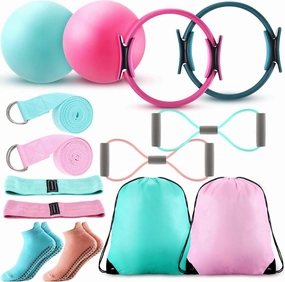 Poen Pilates Ring and Ball Set for Women Pilates Ring Circle Ball with Stretching Strap 8 Resistance Bands Non Slip Socks Gym Back Bags Exercise Equipment for Workout