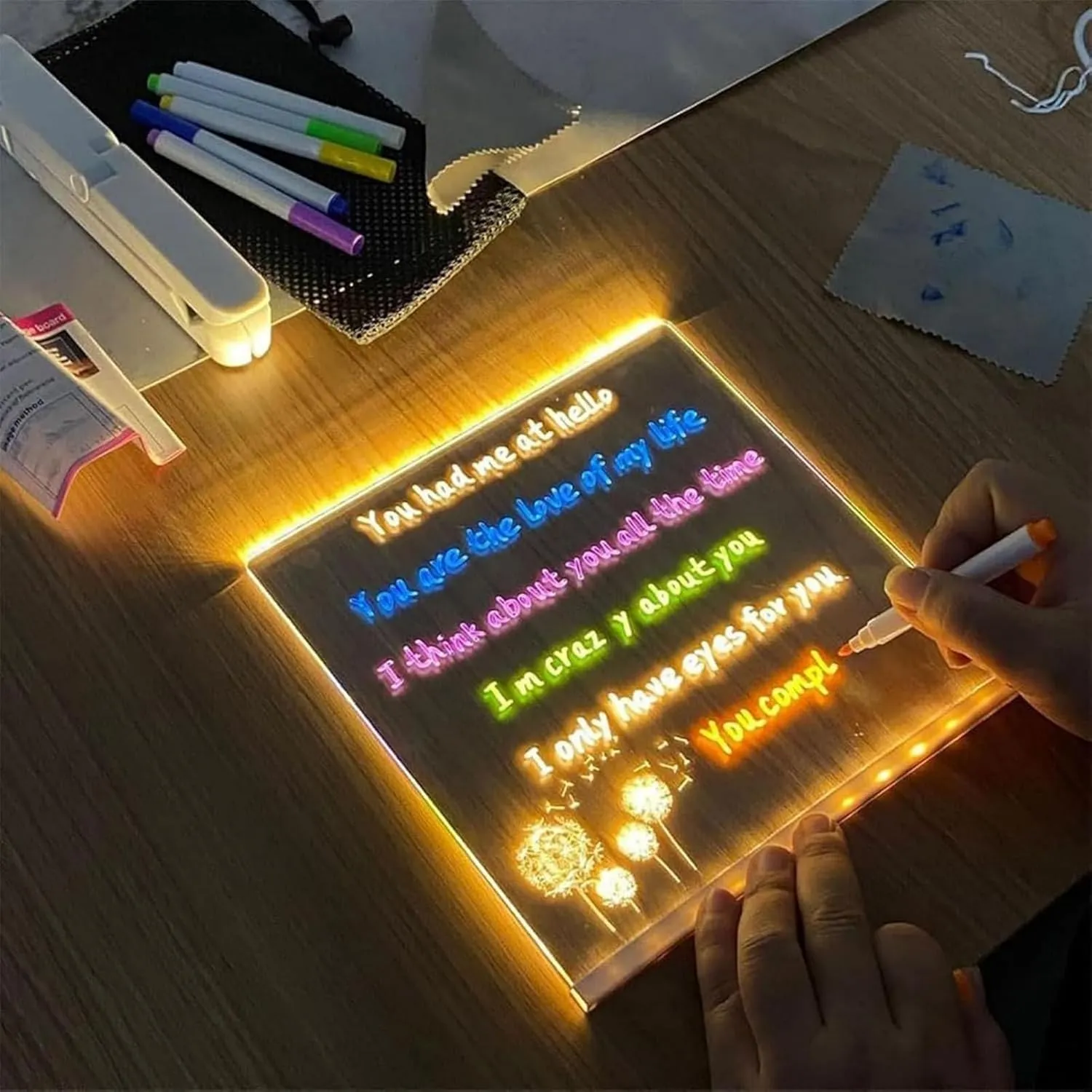 Pokalia Drawing Board, LED Drawing Board for Kids, LED Drawings Board, LED Note Boards with Colors, Rechargeable LEDs Acrylic Message Boards with Stand & USB Power Cable (11.81 * 7.87 inches)