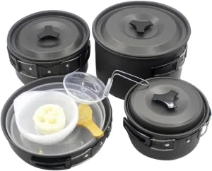 POPETPOP 1set Camping Cookware for People Portable Picnic Cooking Tools Outdoor Pans and Pots Convenient Mesh Bag Storage for Camping Hiking and Picnics Black