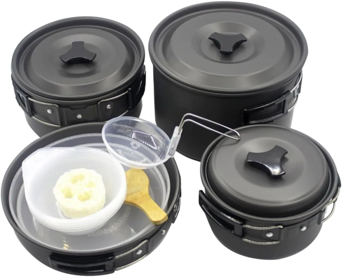 POPETPOP 1set Camping Cookware for People Portable Picnic Cooking Tools Outdoor Pans and Pots Convenient Mesh Bag Storage for Camping Hiking and Picnics Black