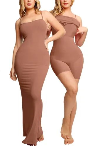 Popilush Summer Maxi Dress for Women - Cocktail Shapewear Dresses Built-in Bra Adjustable Straps Vacation Long Slip
