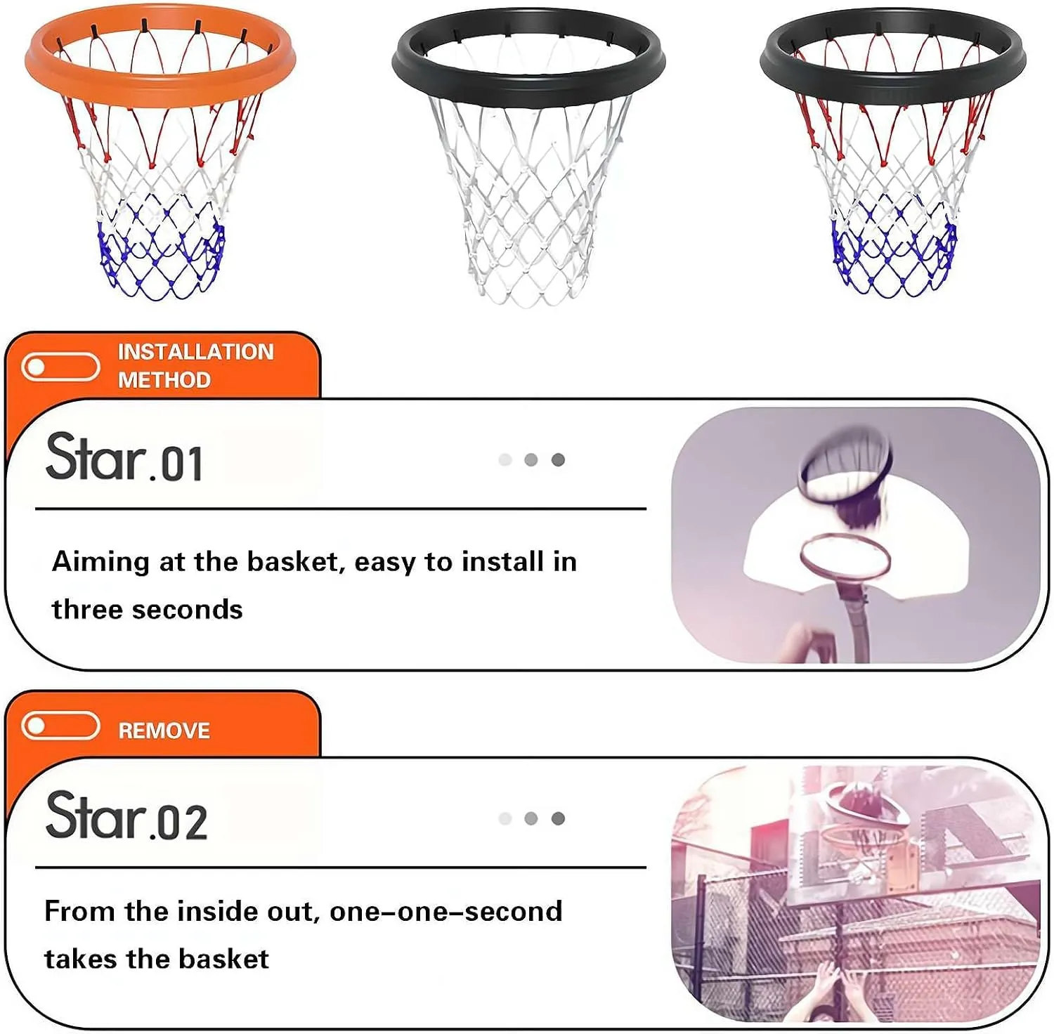 Portable Basketball Net, Professional Size (45 Centimeter), Easy Install Throw-and-Attach System for Rimless Hoops, for Goal Hoop Rim Cylinder, for Indoor/Outdoor Play