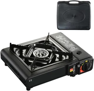 Portable Camping Stove with Carry Case, Automatic Ignition, Outdoor Grill Plate, Butane Gas, BBQ Cooker, Caravan Outdoor