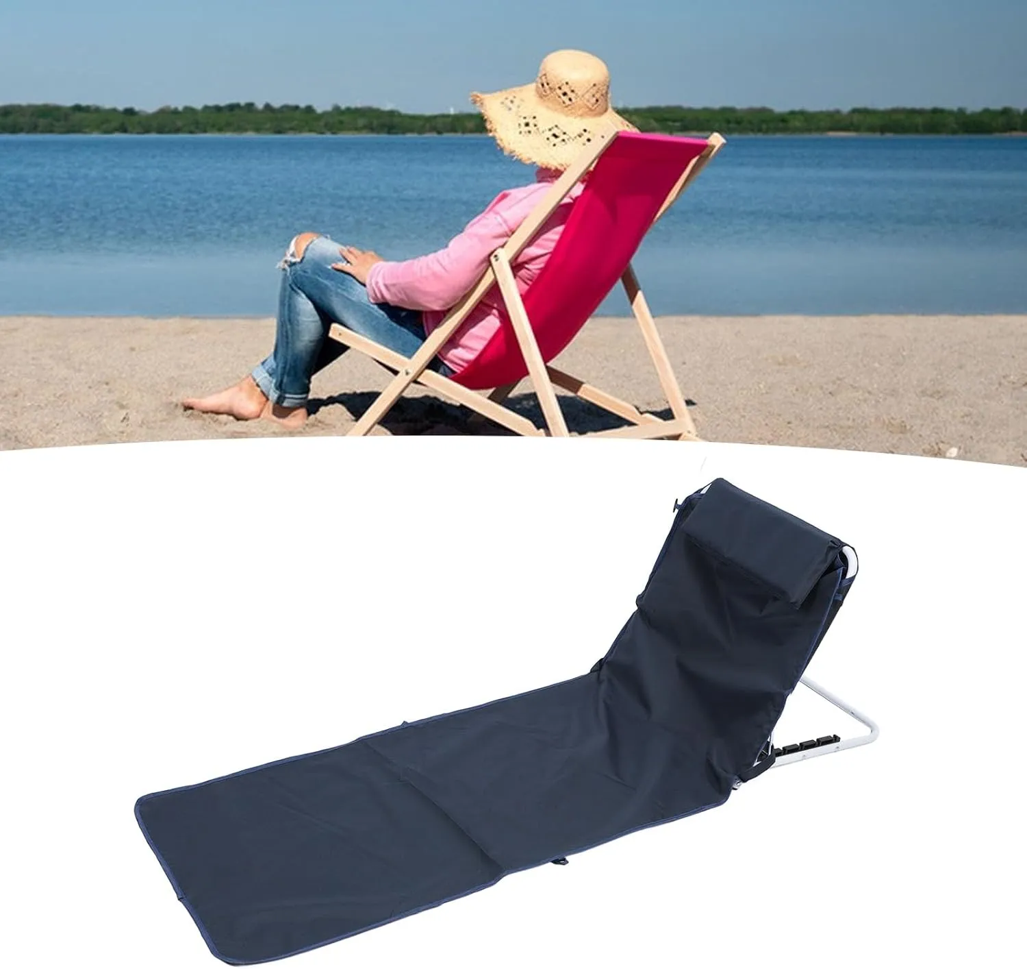 Portable Folding Beach Lounge Chair, Adjustable Reclining Mat, 150kg/330.7lb Load Bearing, Oxford Cloth Material, for Pool Camping Stargazing (Navy Blue)