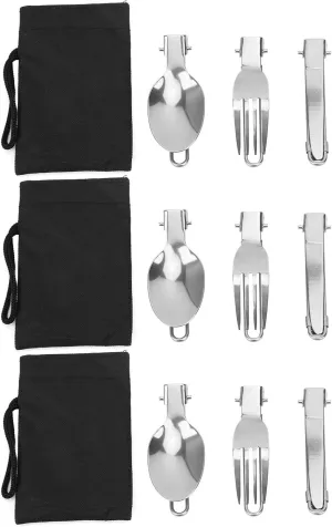 Portable Folding Cutlery, 3Set Stainless Steel Camping Utensils Flatware Spoon Fork Knife Set for Travel Hiking Picnic Dinner Flatware