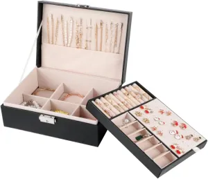 Portable Jewelry Storage Box, Pu Leather Jewelry Case With Removable Tray, 2-Layer Organizer For Necklaces, Earrings, Rings, Bracelets