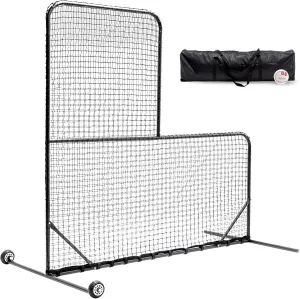 Portable L-Screen Baseball for Batting Cage, 7x7ft Double Layer Protective Pitching Net with Wheels and Carry Bag, 3.5x3.5 Inch Cutout Body Protector for Back Drive Lines