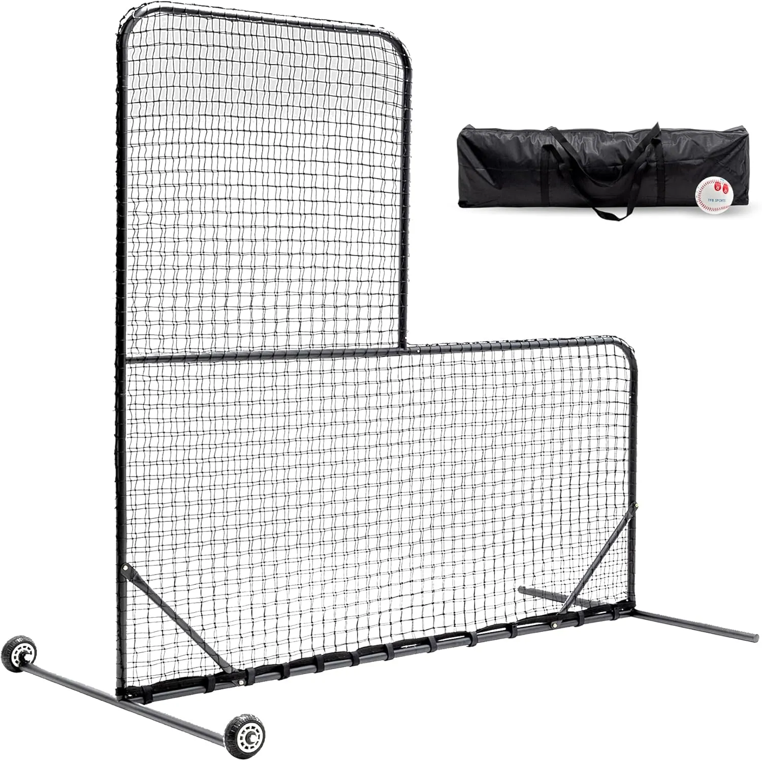 Portable L-Screen Baseball for Batting Cage, 7x7ft Double Layer Protective Pitching Net with Wheels and Carry Bag, 3.5x3.5 Inch Cutout Body Protector for Back Drive Lines