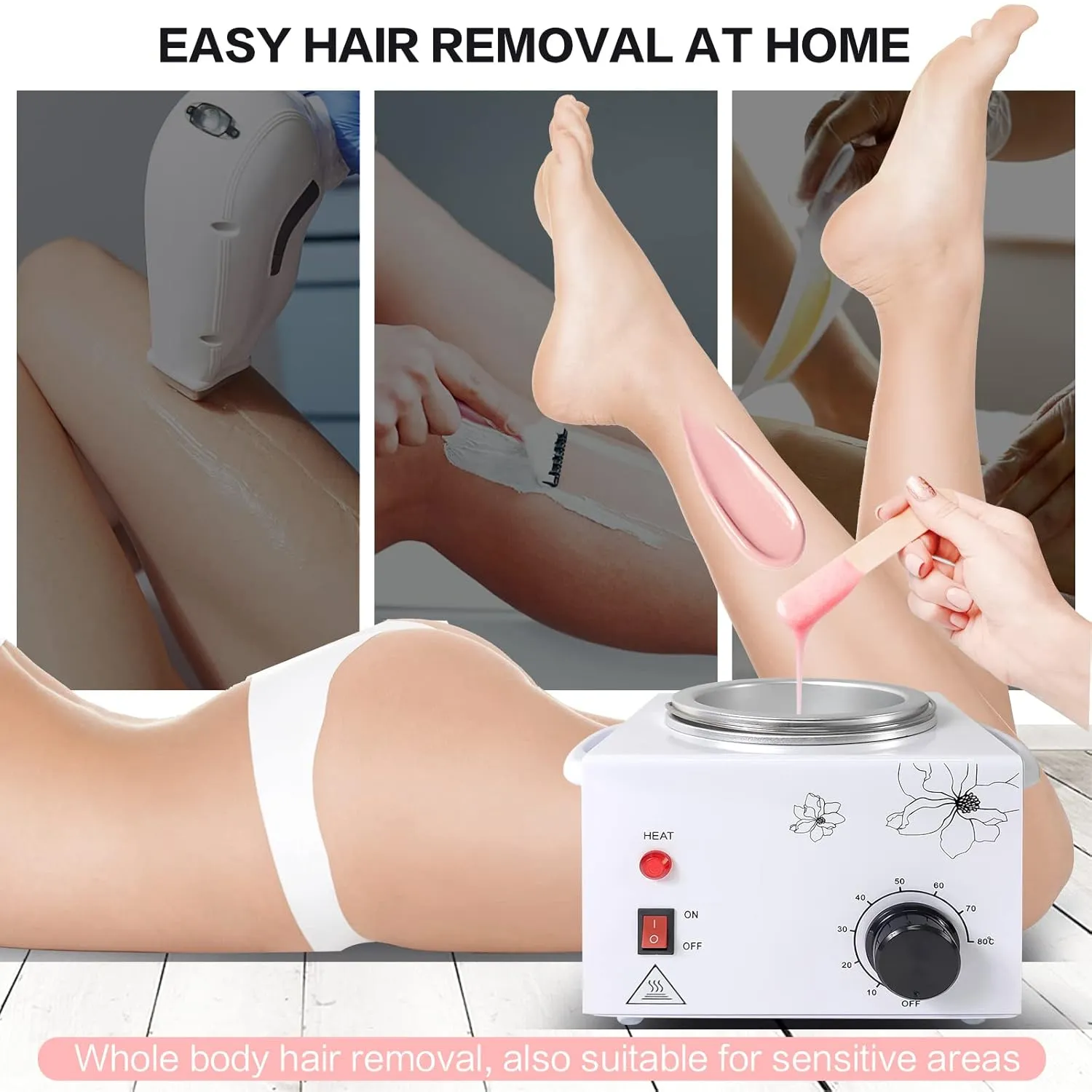 Portable Wax Warmer Machine for Painless Hair Removal, Women Men Professional Wax Heater with Adjustable Temperature Set, 20pcs Sticks (White - Single Pot)